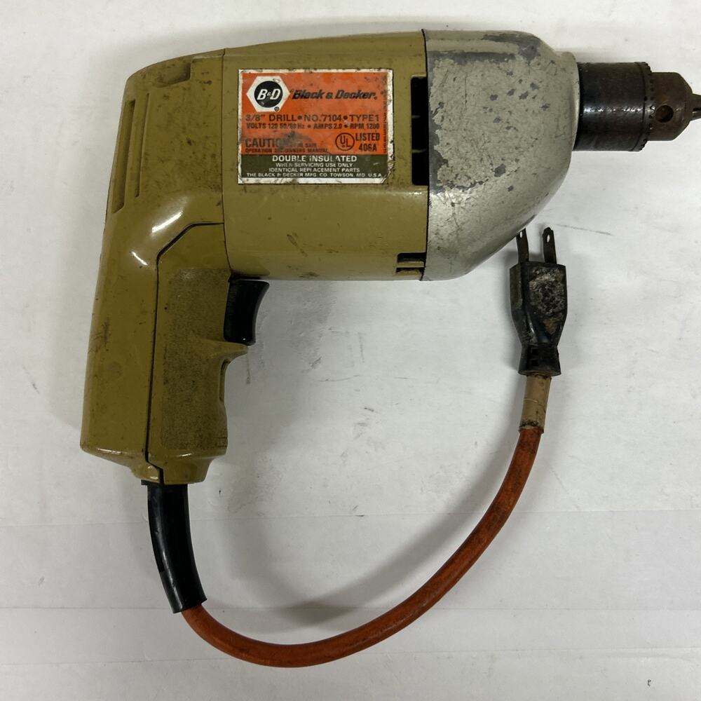 Vintage Black & Decker 3/8" Drill No. 7104 Type 1 120V 2.0A 1200 RPM